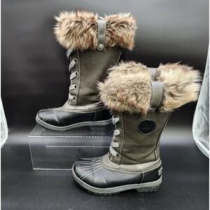 London Fog Melton Women‎ Green Black Size 8 Winter Faux Fur Duck Boots Cozy